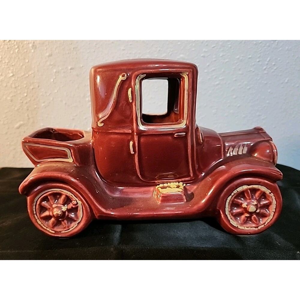 Vintage Ceramic Model T Ford Glazed PLANTER Truck - Red Yellow 9” x 6”